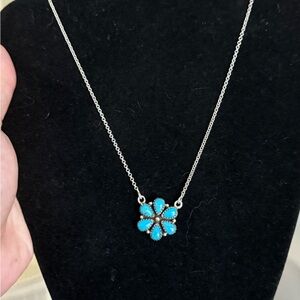 Sterling Silver and Blue Turquoise Flower Pendant Necklace